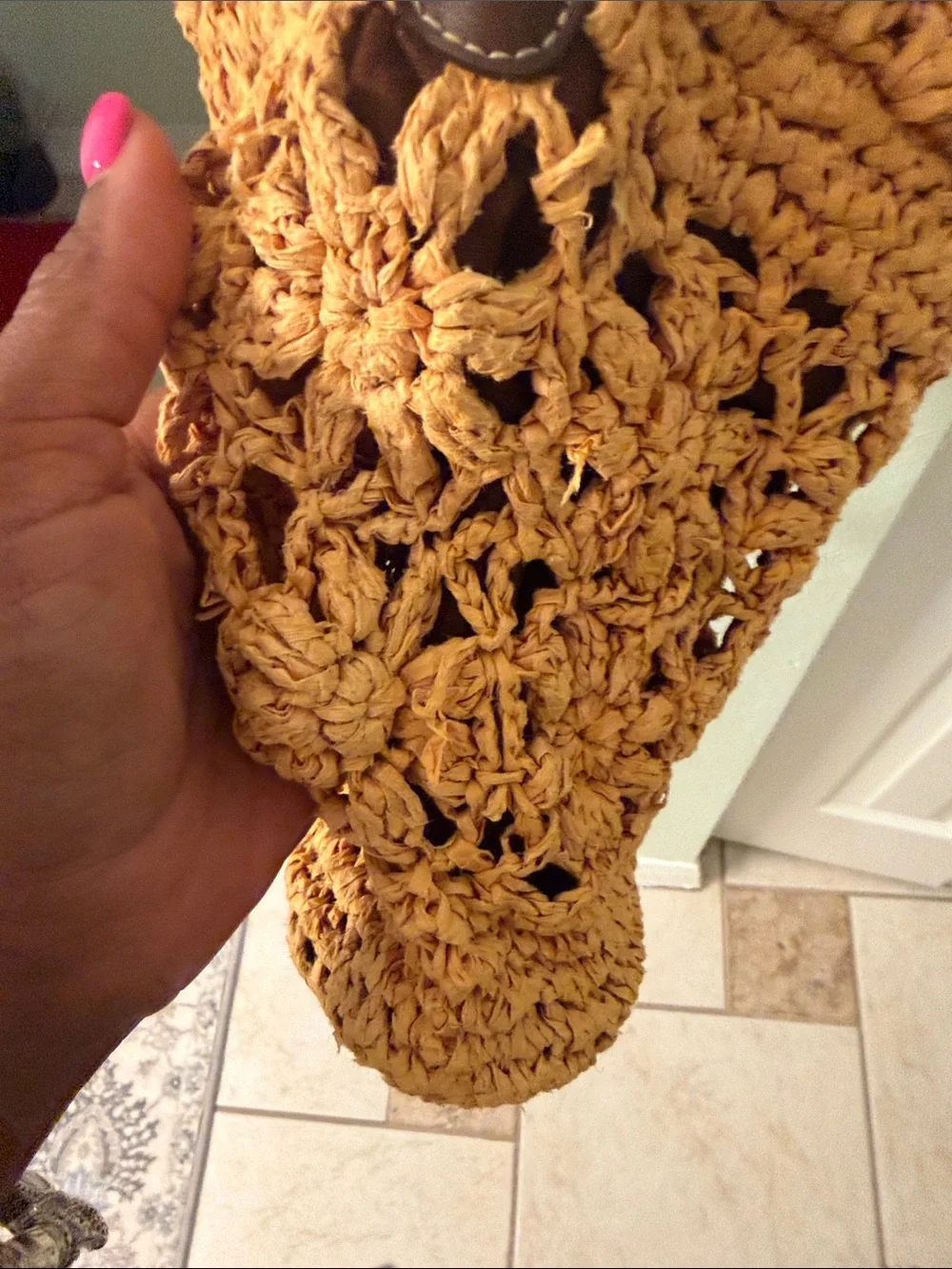 Boho Crochet Crossbody Bag in Mustard Yellow with Brown Strap